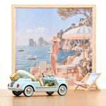 Miniature Norev Fiat 500 Jolly 1965 bleue 1/18, vue trois-quarts arrière avec accessoires