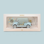Voiture miniature Norev Fiat 500 Jolly 1965 bleue à l'échelle 1/18 avec toit amovible et bouée dans sa boîte
