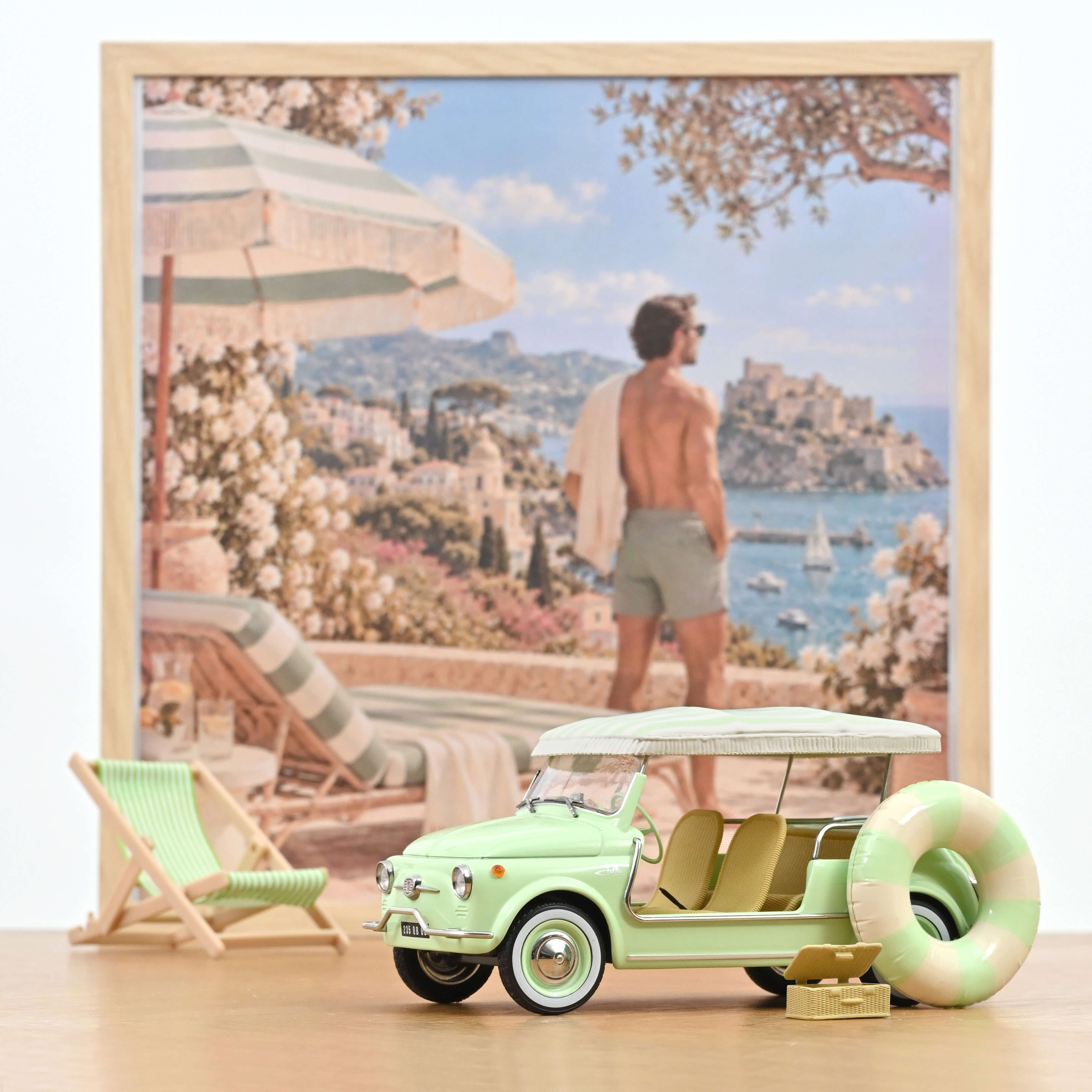 Miniature Norev Fiat 500 Jolly 1965 vert clair 1/18, avec toit à baldaquin et bouée
