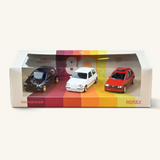 Coffret Norev de 3 voitures miniatures Youngtimers : Renault Clio Williams bleue, Supercinq GT Turbo blanche et 205 GTI rouge